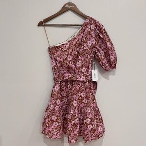 NWT Jason Wu One-shoulder A-line Floral Puff-sleeve Mini Dress, Pink/Brown, S